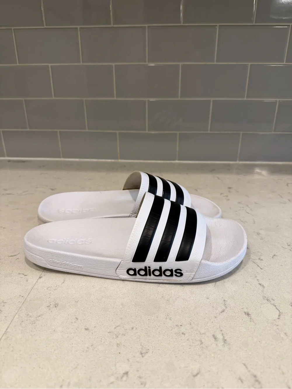 White and Black Adidas Slides - men’s size 8